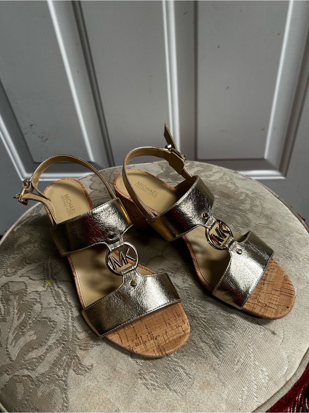 Michael Kors Metallic Gold Cork Wedge Sandals with MK Logo Sz 9
